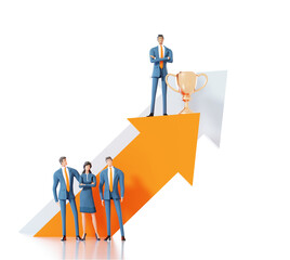 Business people, successful team stay next to big arrows, which pointing up as symbol of growth and positive progress.  3D rendering illustration