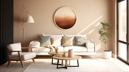 Stylish Living Room Interior with Mockup Frame Poster, Modern interior design, 3D render, 3D illustration
