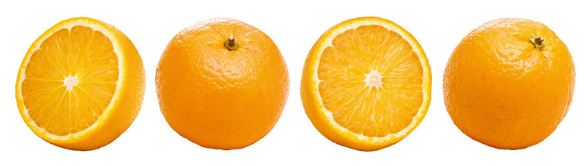 grupo de laranjas inteiras e laranjas cortadas isolado em fundo transparente 