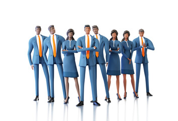 Successful business team. Confident businessmen and business women stay in line and look to camera. 3D rendering illustration