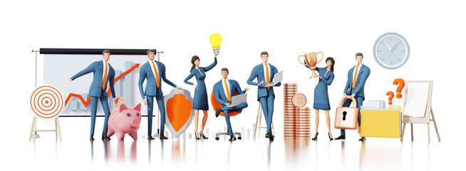 Successful business team, businessmen and businesswomen holding business icons, light bulb, shield, golden lock, coins, trophy etc. 3D rendering 