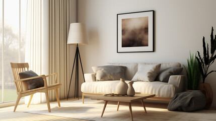 Stylish Living Room Interior with Mockup Frame Poster, Modern interior design, 3D render, 3D illustration