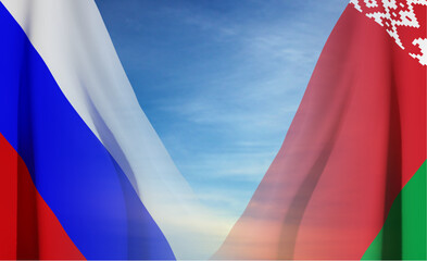 Belarus flag with Russia flag on background of sky. EPS10 vector