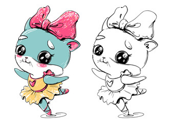 Cute kitty ballerina with a bow - coloring page, vector doodle illustration, black and white line cartoon art, colorful stiker.