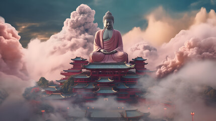 auspicious cloud, surrealism, hong kong style, japanese zen vibe, Buddha helps me, emotional color grading