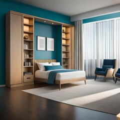 Fototapeta na wymiar 3D Interior Mockup: Experience the latest in bedroom decoration trends with this stunning and realistic 3D mockup. Perfect for interior design inspiration. Architecture, home decor, Ai generated
