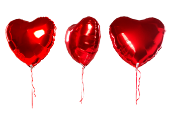 Set Heart red balloons, valentines, love,  wedding romantic overlays. Red color heart shaped foil balloons. Balloon isolated on transparent background. png 