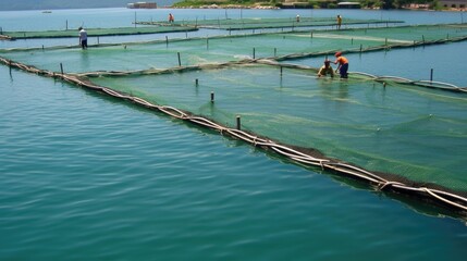 Fototapeta premium Sea fish farm nets. Cages for fish farming sea, ai generative 