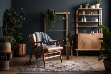 Modern living room décor includes a design armchair, a vintage wooden toilet, wood paneling with a shelf, plants, a cube, carpet, a gray wall, and ornaments and personal accessories. Generative AI