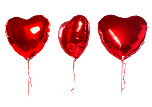 Set Heart red balloons, valentines, love,  wedding romantic overlays. Red color heart shaped foil balloons. Balloon isolated on transparent background. png 