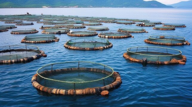 Sea fish farm nets. Cages for fish farming sea, ai generative	