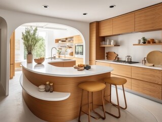 Contemporary wooden dining room and kitchen. Generative AI