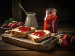 Toast with strawberry jam for breakfast on wooden table. Generative AI