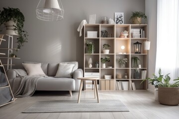 Next to a gray sofa with a blanket is a white wooden bookcase with a grey plant, books, and vases. Generative AI