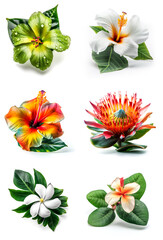 Colorful tropical flower composition with the leaves on a white background. Generative AI
