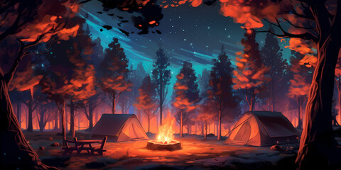 Campfire flickering in the night, casting dancing shadows on the surrounding trees. The flames are vibrant and warm
