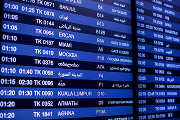 Flights information board in airport terminal. Travel concept
