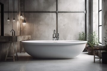 Naklejka na ściany i meble Modern white bathtub fixtures against a gritty concrete backdrop. Concept for a bathroom in a loft or minimalistic design. Generative AI