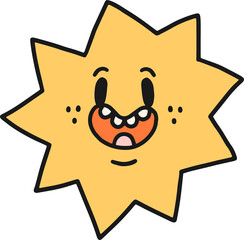Yellow sun mascot illustration with happy smile on face in retro groovy style. Cute doodle hand drawn cartoon character