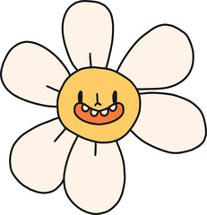 Daisy flower illustration with happy smile on face in retro groovy style. Cute doodle hand drawn cartoon character