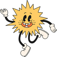 Yellow sun mascot illustration with happy smile on face in retro groovy style. Cute doodle hand drawn cartoon character