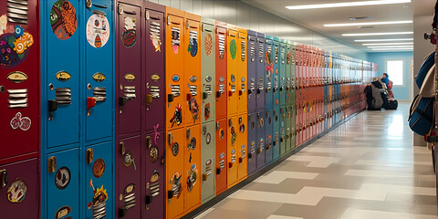 Lockers at school lining the walls, decorated with colorful stickers and personalized magnets. Back to school concept.