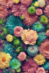 Pastel colored flowers background. Ai generated art.