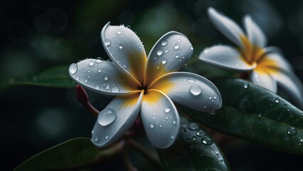 Tropical flower with water drops close up image. Generative AI
