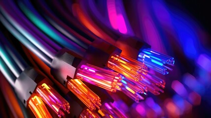 Fototapeta na wymiar Colored electric cables and led. Optical fiber, intense colors, background for technology image and new business trends. Generative AI