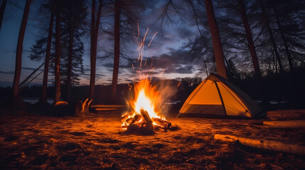 campfire flickering in the night, casting dancing shadows on the surrounding trees