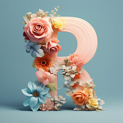 Floral Typography of the Letter R - Beautiful Pastel Flowers Arranged over a Wooden "R" with Calm, Muted Colors - Generative AI
