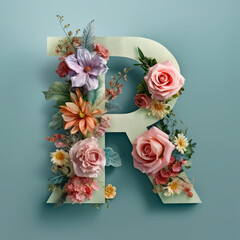 Floral Typography of the Letter R - Beautiful Pastel Flowers Arranged over a Wooden "R" with Calm, Muted Colors - Generative AI