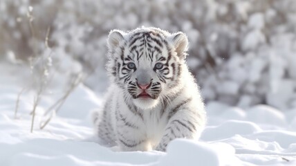 Cute Baby white tiger running on snow. Generative AI