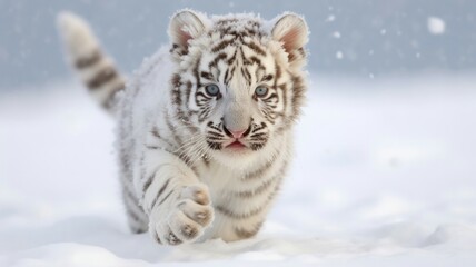 Cute Baby white tiger running on snow. Generative AI