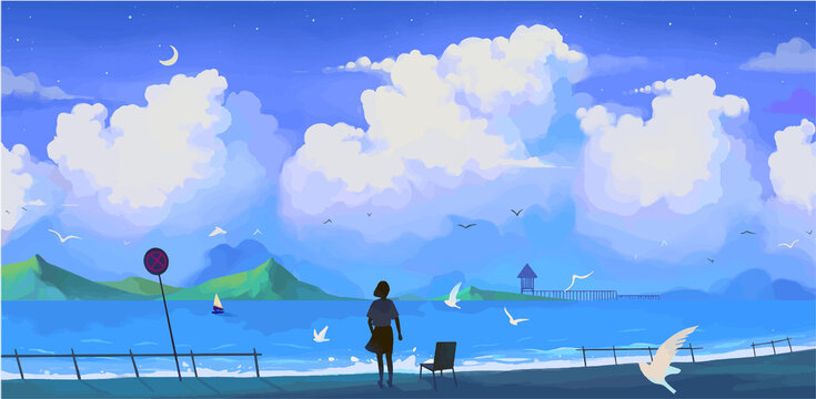 Silhouette girl enjoying seasore alone digital art illustration 