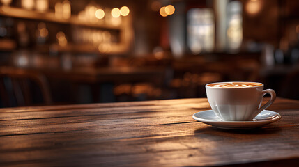 Fototapeta premium A wooden bar table in the foreground with a cup of coffee.Background out of focus. IA generative.