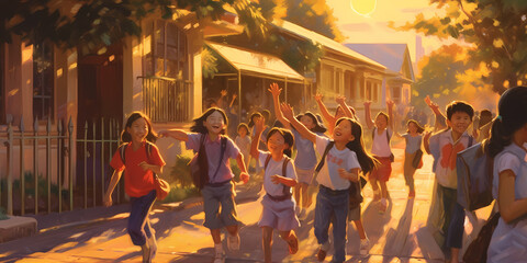 Students excitedly rushing through the school gate, carrying colorful backpacks and waving goodbye to their parents. Back to school