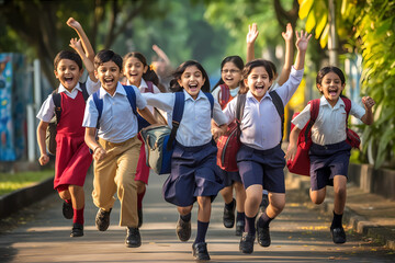 Students excitedly rushing through the school gate, carrying colorful backpacks and waving goodbye to their parents. Back to school