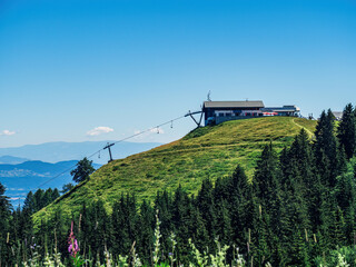 Panoramic view from Dreilandereck Austria, Slovenia, Italy, Carinthia, with ski lift buildings...