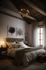 Classic style bedroom interior with bed in counrtry house. AI generated