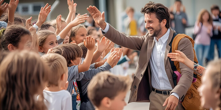 Teachers greeting students with warm smiles, ready to start a new academic year