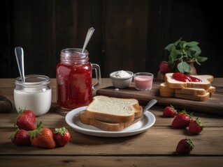 Toast with strawberry jam for breakfast on wooden table. Generative AI