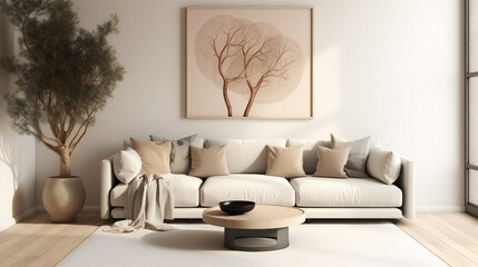 Stylish Living Room Interior with Mockup Frame Poster, Modern interior design, 3D render, 3D illustration