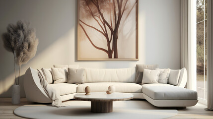 Stylish Living Room Interior with Mockup Frame Poster, Modern interior design, 3D render, 3D illustration