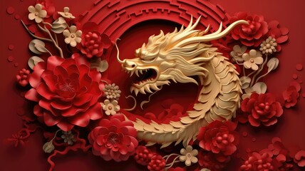 Paper cut style , Happy Chinese New Year 2024 , the dragon zodiac and flower with gold style on red color background. Generative AI