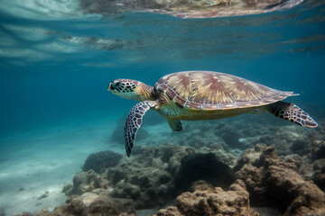 Obraz na płótnie Canvas Tranquil Symphony: Sea Turtle Gliding through a Colorful Coral Reef