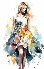 Watercolor woman in dress on vacation fashion illustration. Ai generated