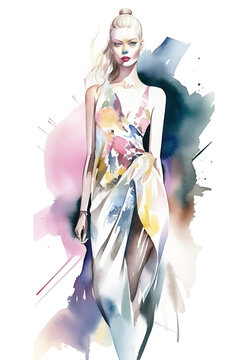 Watercolor woman in dress on vacation fashion illustration. Ai generated