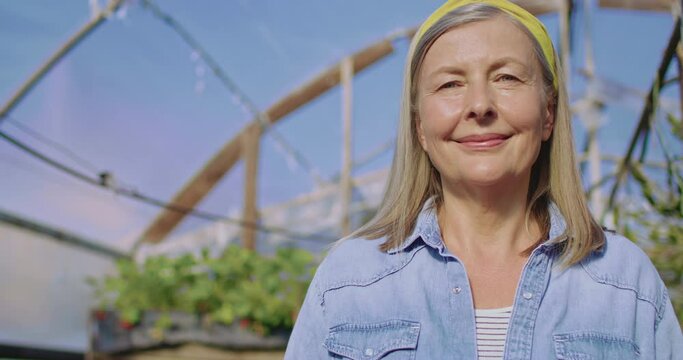 Close-up portrait of smiling elderly woman standing in greenhouse and holding small basket with strawberry. Concept of quiet and peaceful life in contryside. Growing fresh and nutritious fruits.