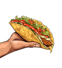 Taco in hand. Traditional Mexican dish on a white background․ Vector illustration of tacos with meat and vegetables